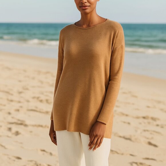 Eileen Fisher Camel Tan Merino Wool Sweater L NWT Italian Yarn Pullover Knit - Picture 9 of 9